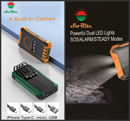 Wireless Charger Solar Power Bank Built-in Cables Waterproof/Shockproof