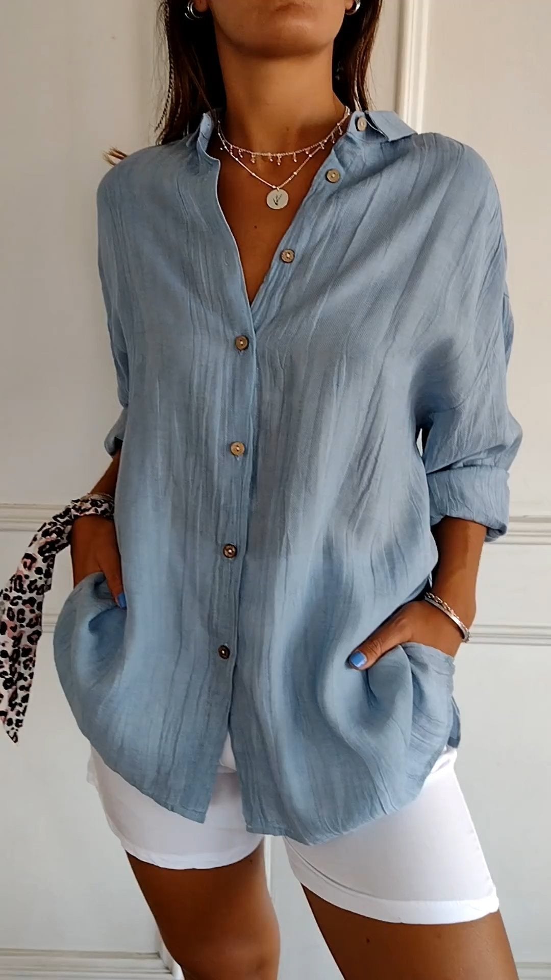 🌷Classic Pleated Textured Single-Breasted Lapel Shirt for Women