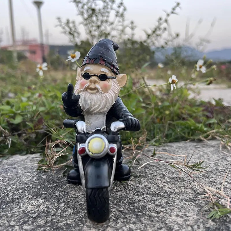Middle Finger Dwarf Riding Motorcycle Funny Outdoor Garden Gnome😂