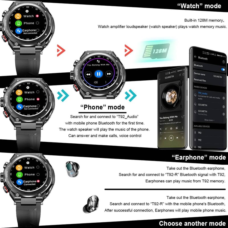 T92pro Smart Watch with Wireless Headphones Activity Bracelet 2 in 1 Headphones BT MP3 Music