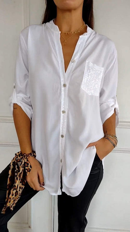 🔥2024 HOT SALE🔥Polyester V-neck Sequin Mid-sleeve Casual Top