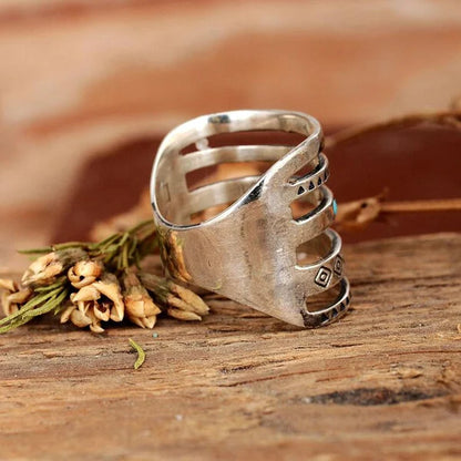 Sterling Silver Bohemian Openwork Carved Turquoise Ring