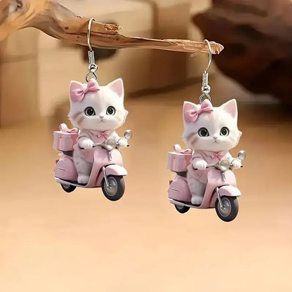 🌸 Charming Pink Umbrella Floral Kittens Art Dangle Earrings
