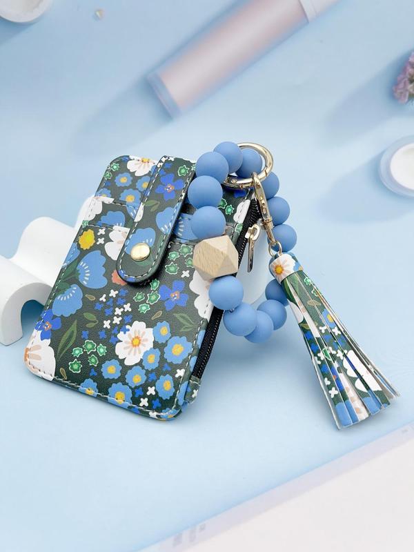 Women's Boho Style Beaded & Tassel Decorated Keychain with Flower Pattern Wallet