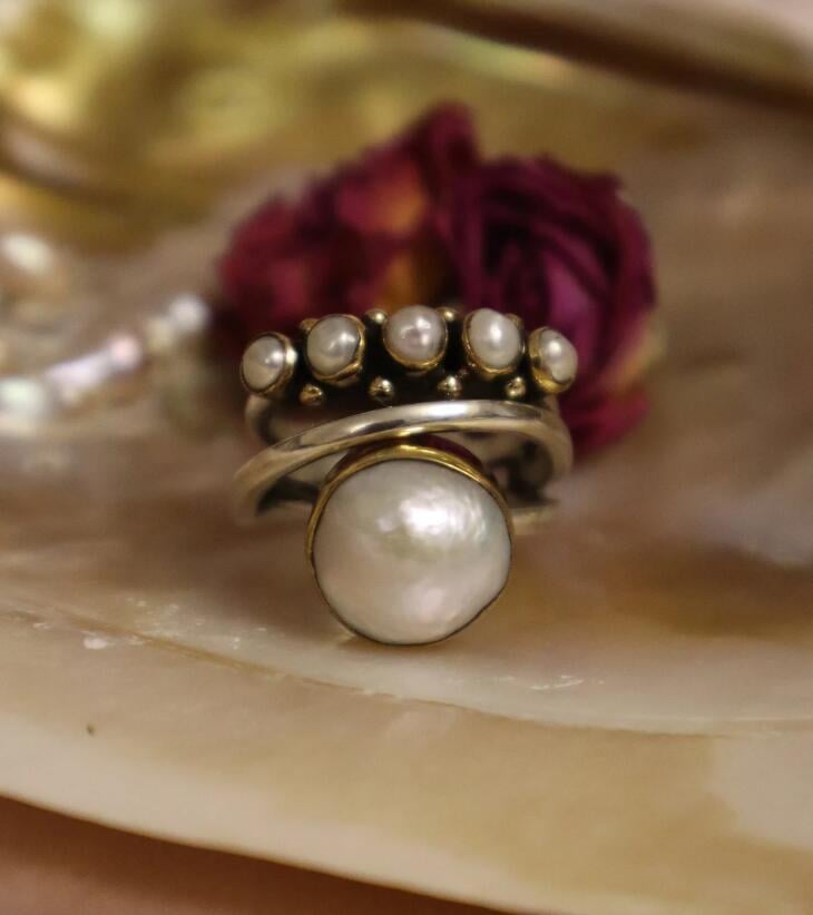 Pearl Solitaire Five Stone Silver Ring