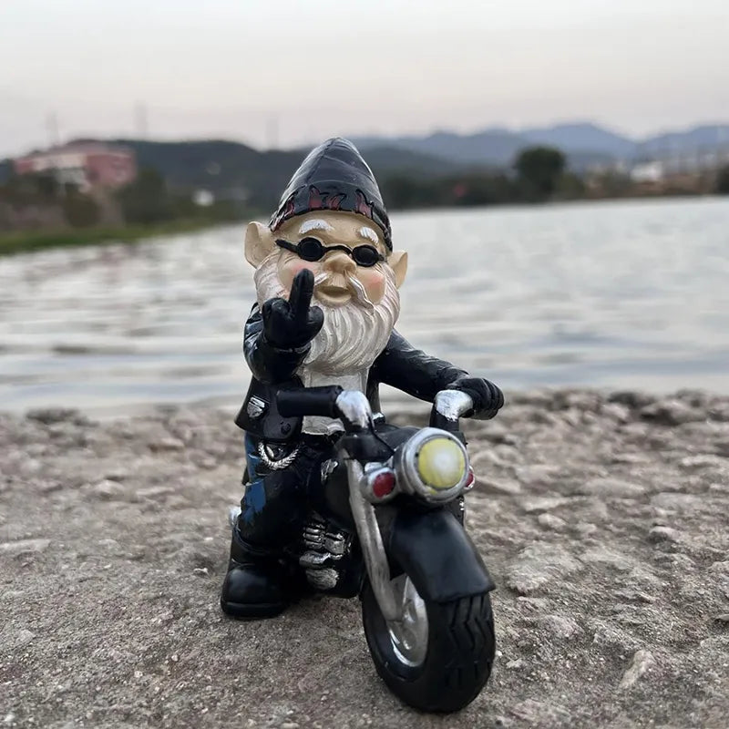 Middle Finger Dwarf Riding Motorcycle Funny Outdoor Garden Gnome😂