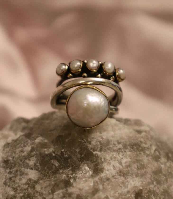 Pearl Solitaire Five Stone Silver Ring