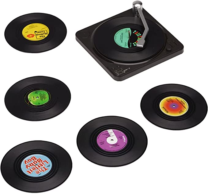 Vinyl Record Coasters with Retro Vinyl Player Holder