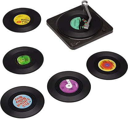Vinyl Record Coasters with Retro Vinyl Player Holder
