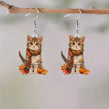 🌸 Charming Pink Umbrella Floral Kittens Art Dangle Earrings