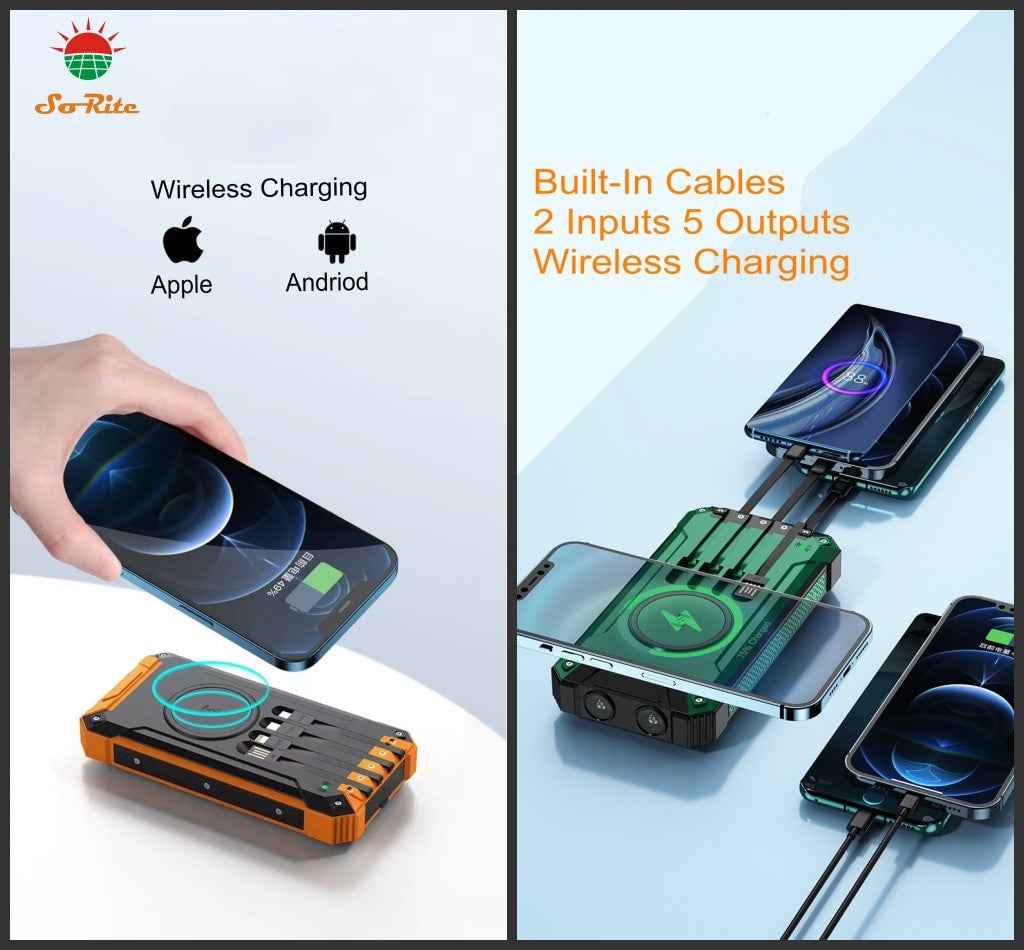 Wireless Charger Solar Power Bank Built-in Cables Waterproof/Shockproof