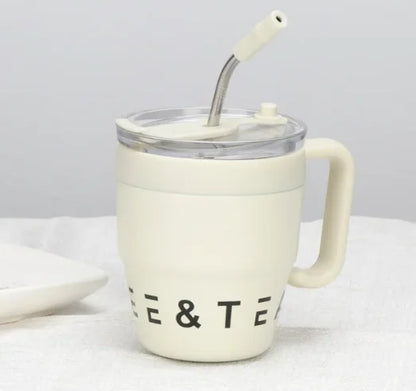 🍵Stainless steel thermal insulation anti-fall straw cup mug with handle and lid