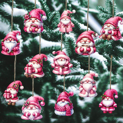 Pink Wooden Gnome Christmas Tree Ornaments Set (12 Pcs)