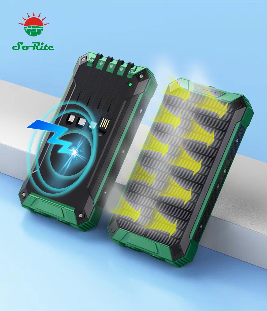 Wireless Charger Solar Power Bank Built-in Cables Waterproof/Shockproof