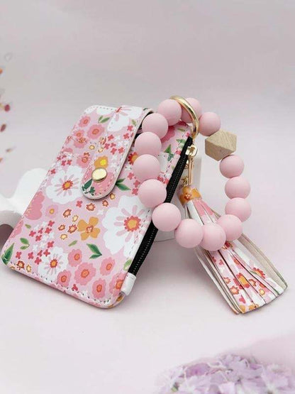 Women's Boho Style Beaded & Tassel Decorated Keychain with Flower Pattern Wallet