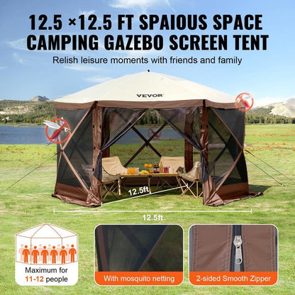 Camping Gazebo Screen Tent, 12*12ft, 6 Sided Pop-up Canopy Shelter Tent with Mesh Windows, Portable Carry Bag, Stakes, Large Shade Tents for Outdoor Camping