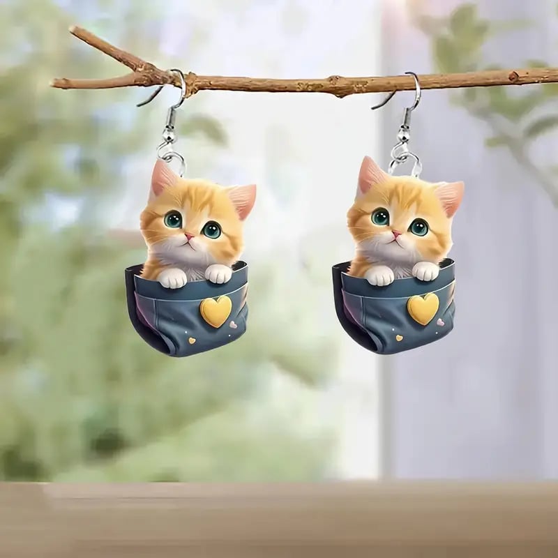 🌸 Charming Pink Umbrella Floral Kittens Art Dangle Earrings