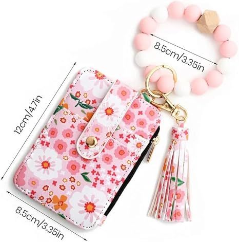 Women's Boho Style Beaded & Tassel Decorated Keychain with Flower Pattern Wallet