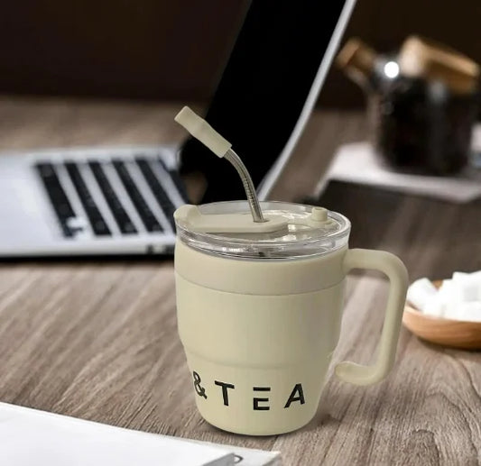 🍵Stainless steel thermal insulation anti-fall straw cup mug with handle and lid