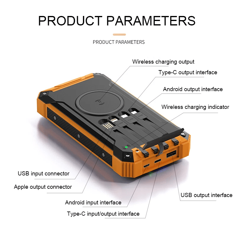Wireless Charger Solar Power Bank Built-in Cables Waterproof/Shockproof