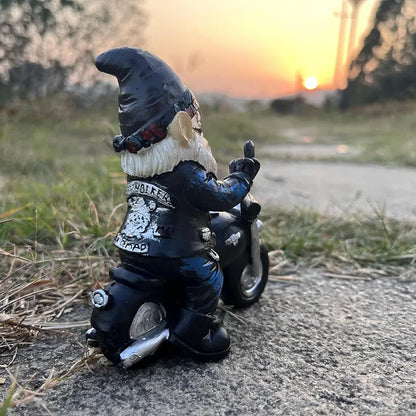Middle Finger Dwarf Riding Motorcycle Funny Outdoor Garden Gnome😂