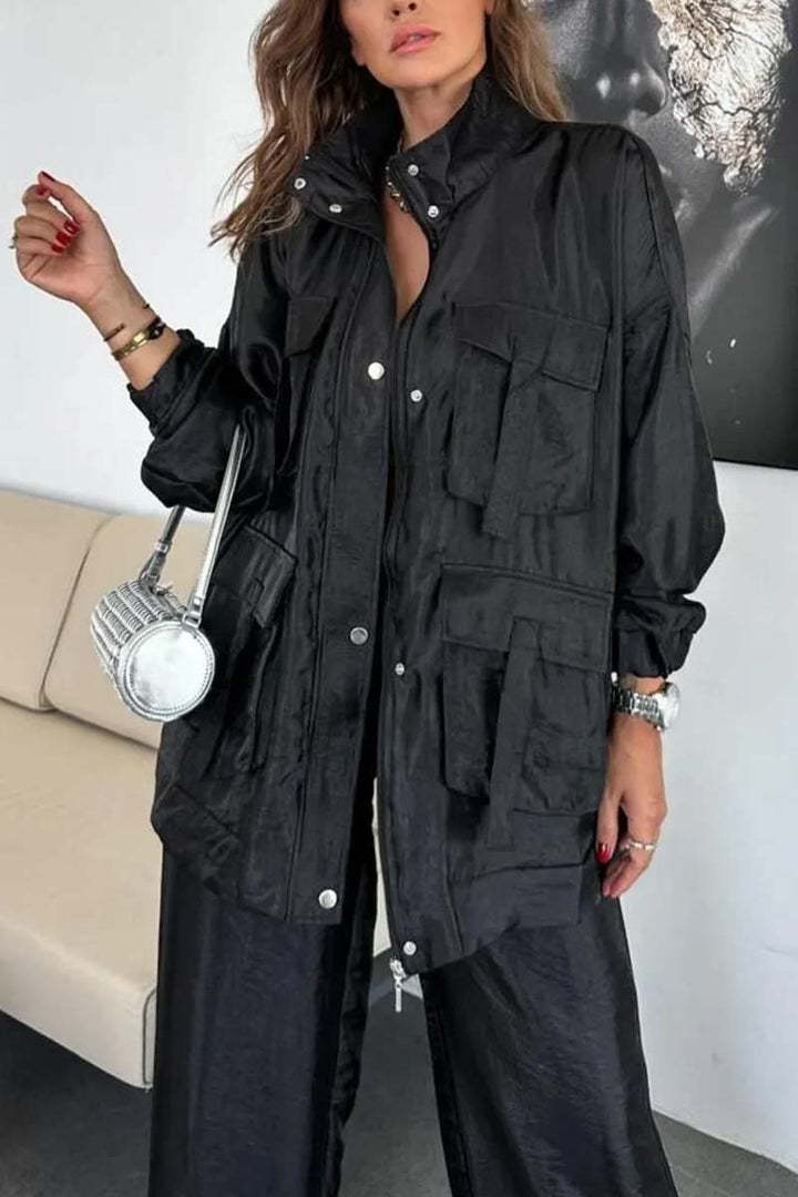 Women's Fashionable Multi-Pocket Shiny Two-Piece Set