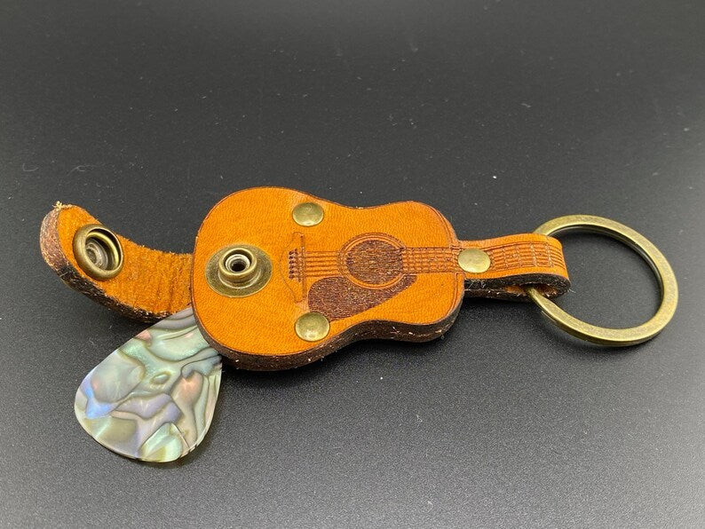 🔥Handmade limited edition-🎸Leather Guitar Pick holder keychain