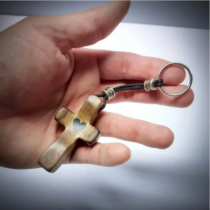 Artisanal Walnut Wood Cross Keychain with Heart Pendant