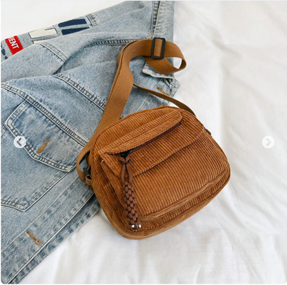 Women's Corduroy Shoulder Bag with Zipper