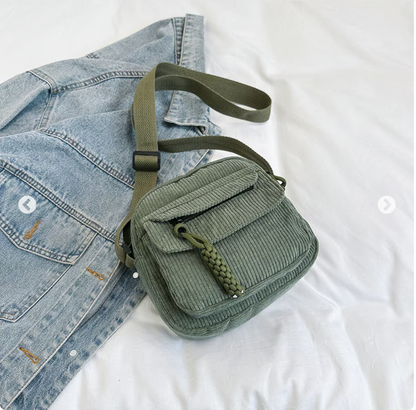 Women's Corduroy Shoulder Bag with Zipper