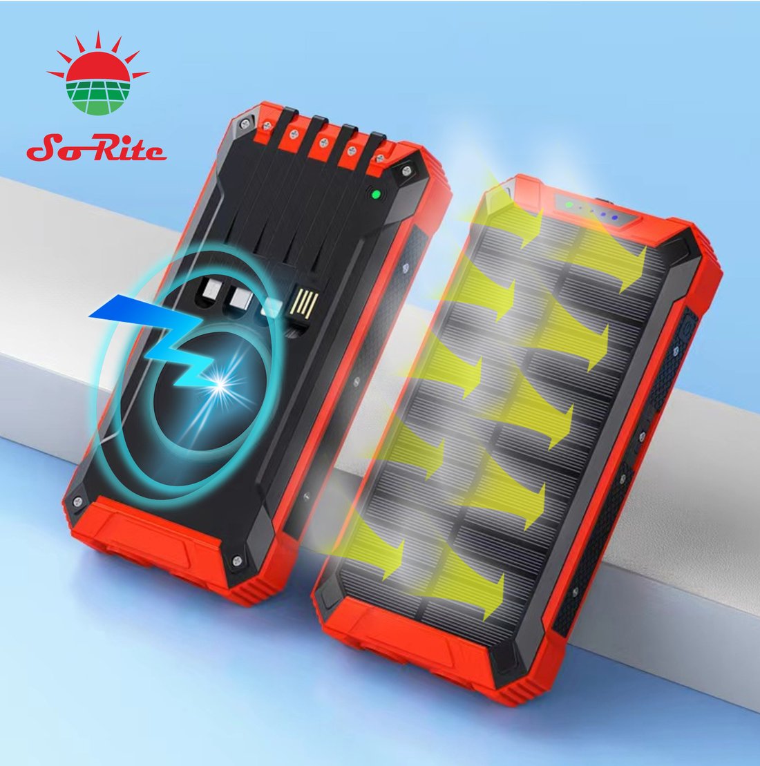 Wireless Charger Solar Power Bank Built-in Cables Waterproof/Shockproof