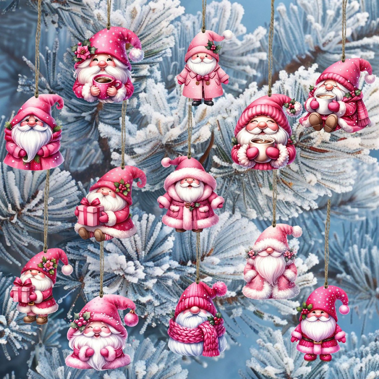 Pink Wooden Gnome Christmas Tree Ornaments Set (12 Pcs)