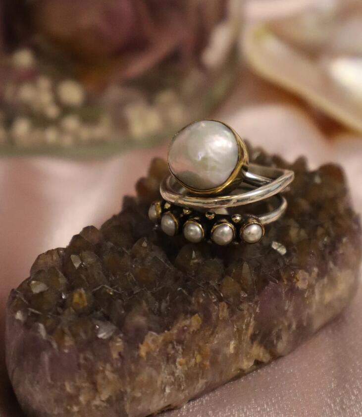 Pearl Solitaire Five Stone Silver Ring