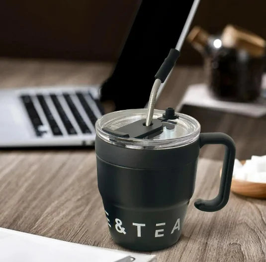 🍵Stainless steel thermal insulation anti-fall straw cup mug with handle and lid