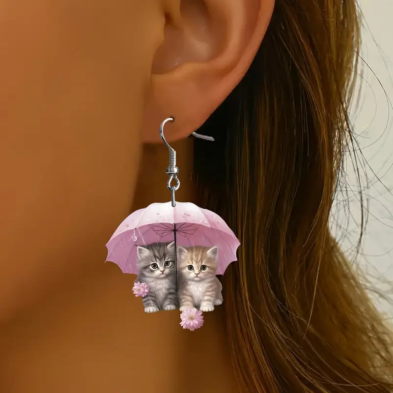 🌸 Charming Pink Umbrella Floral Kittens Art Dangle Earrings