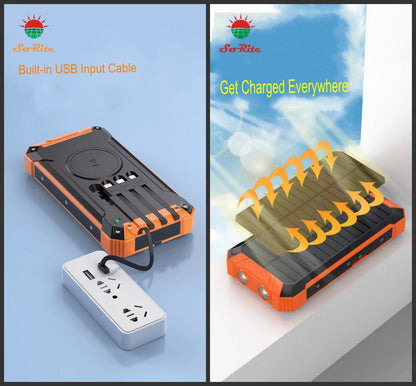 Wireless Charger Solar Power Bank Built-in Cables Waterproof/Shockproof