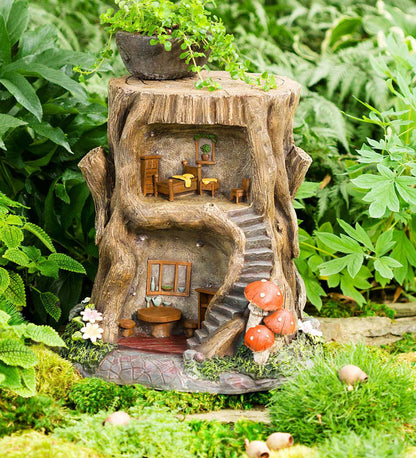 Two-Story Fully-Furnished Solar Lighted Fairy House in a Stump （Free Shipping）