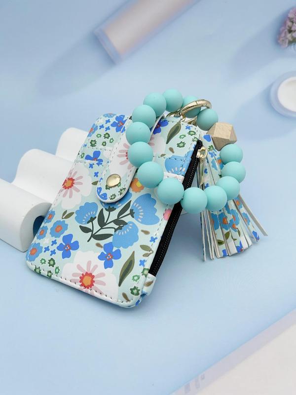 Women's Boho Style Beaded & Tassel Decorated Keychain with Flower Pattern Wallet