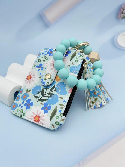 Women's Boho Style Beaded & Tassel Decorated Keychain with Flower Pattern Wallet