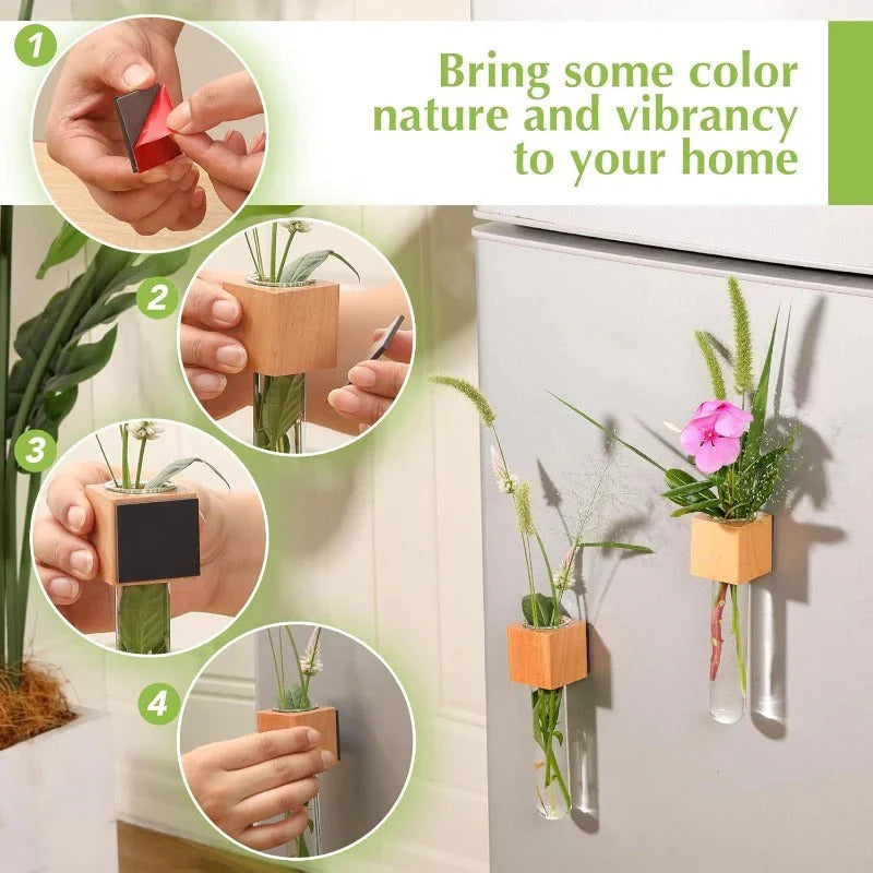 Magnetic Mini Vase – Wood & Glass Wall-Mount Decor for Flowers & Cuttings