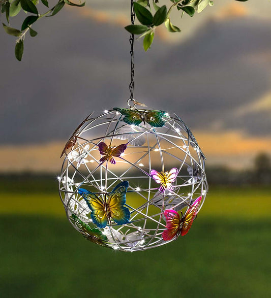 Solar Lighted Hanging Mesh Orb with Colorful Butterflies