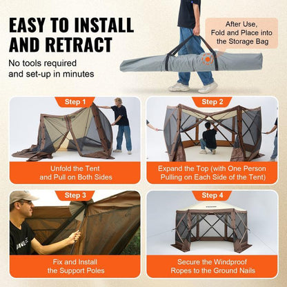 Camping Gazebo Screen Tent, 12*12ft, 6 Sided Pop-up Canopy Shelter Tent with Mesh Windows, Portable Carry Bag, Stakes, Large Shade Tents for Outdoor Camping