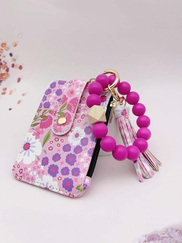 Women's Boho Style Beaded & Tassel Decorated Keychain with Flower Pattern Wallet