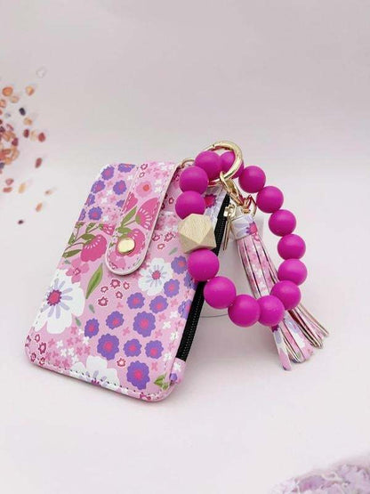 Women's Boho Style Beaded & Tassel Decorated Keychain with Flower Pattern Wallet
