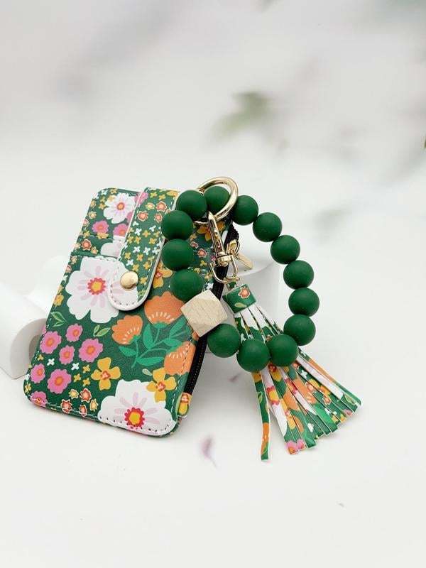 Women's Boho Style Beaded & Tassel Decorated Keychain with Flower Pattern Wallet