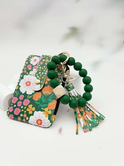 Women's Boho Style Beaded & Tassel Decorated Keychain with Flower Pattern Wallet