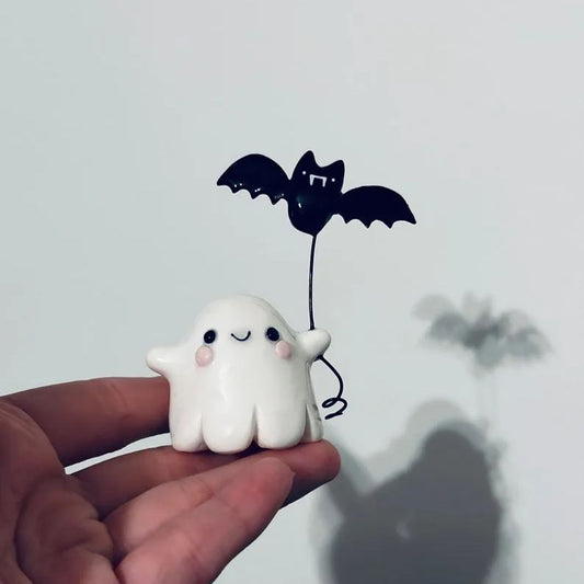 Ghost with Bat Balloon Figurine