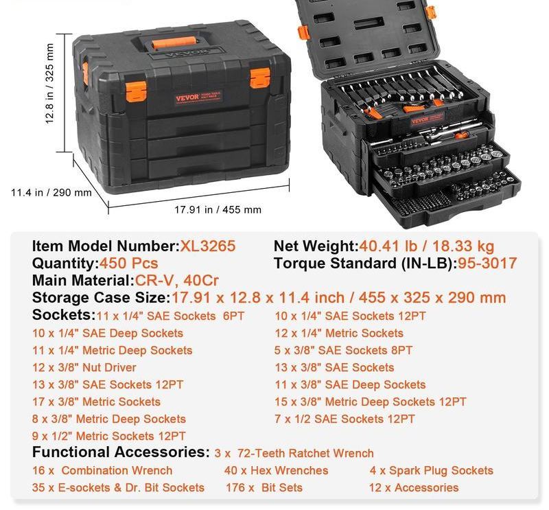 ProMax Mechanics Tool Set – 450-Piece SAE & Metric Kit with Storage Case