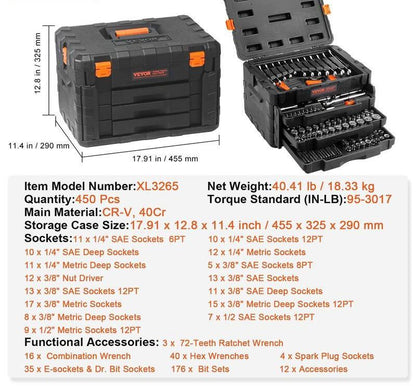 ProMax Mechanics Tool Set – 450-Piece SAE & Metric Kit with Storage Case